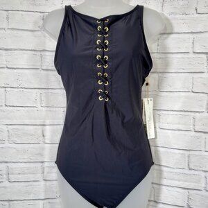 Beyond Control Black Solid High-Neck Lace-up One-Piece Swimsuit Size 10 NWT $139